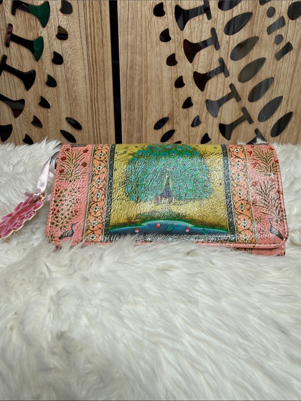 Papaya Pink & Gold Hand-Painted Peacock Wristlet - Picture 6 of 9